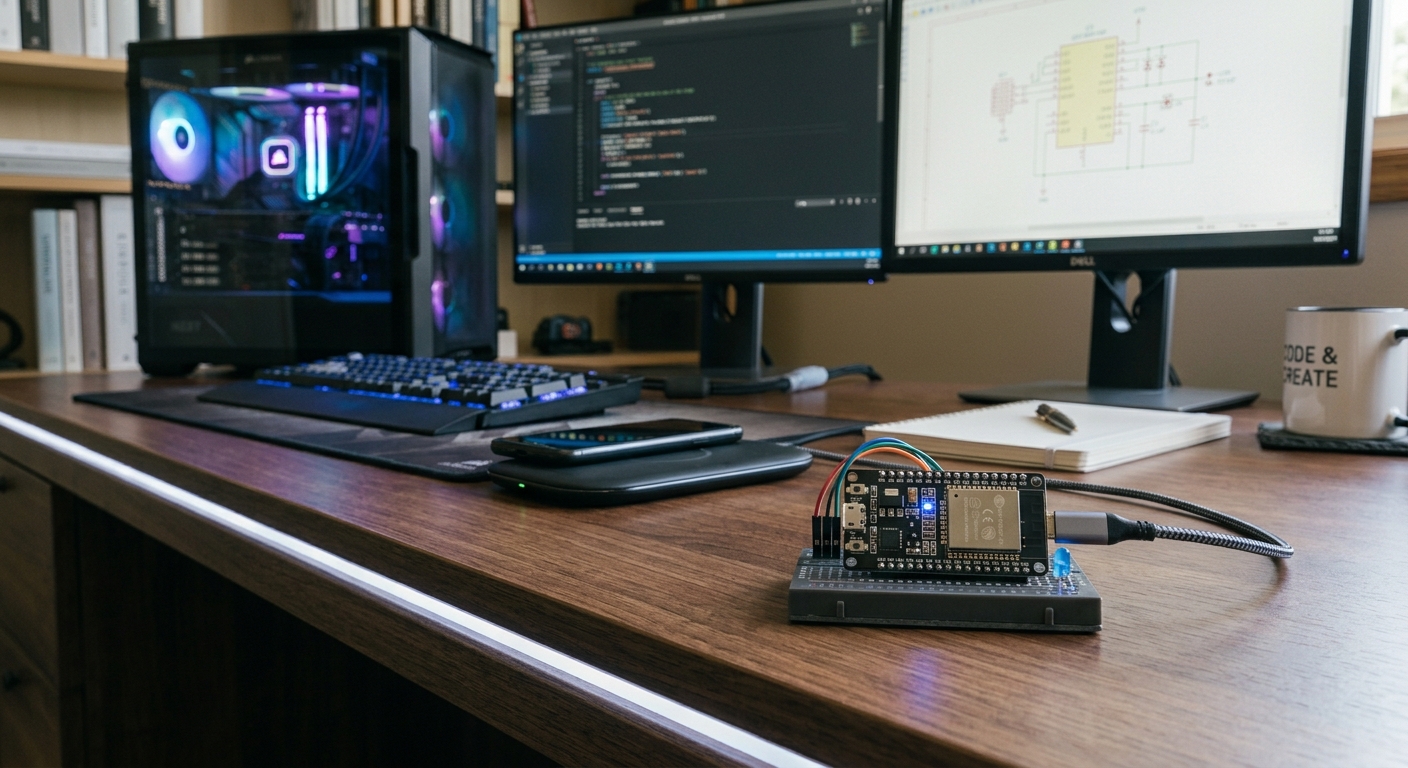 The ESP32 board — flash-drive sized, USB-powered, joined to the home Wi-Fi and checking for a command every five minutes